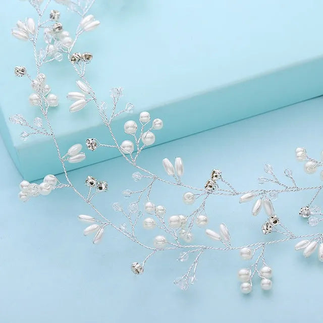 Bride's long hair band with crystal and pearl decoration in silver colour option