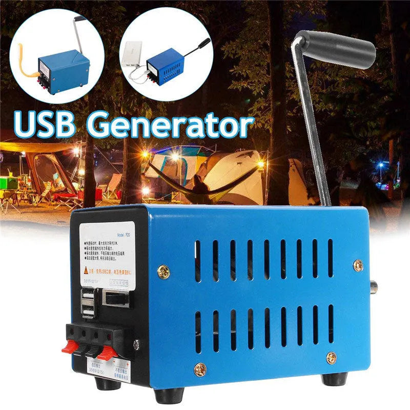 Blue metal hand crank emergency power generator with USB port, shown with user manual.