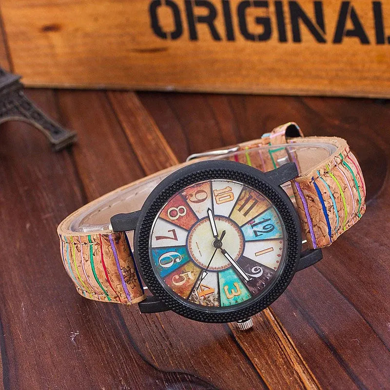 Casual vintage leather women's quartz wrist watch with 37mm round dial and stainless steel buckle