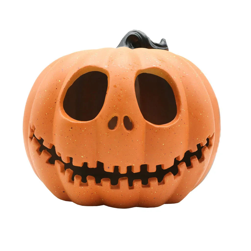 Halloween pumpkin lantern with scary hollow-out skull design in yellow resin, 23x19cm