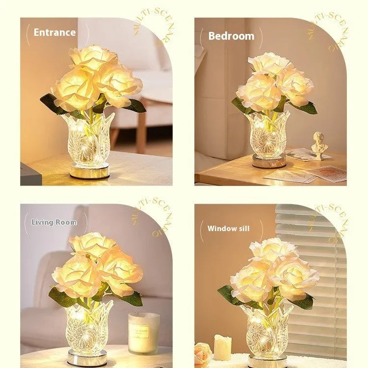 Crystal flowers touch dimmable table lamp with USB charging cable on bedside table