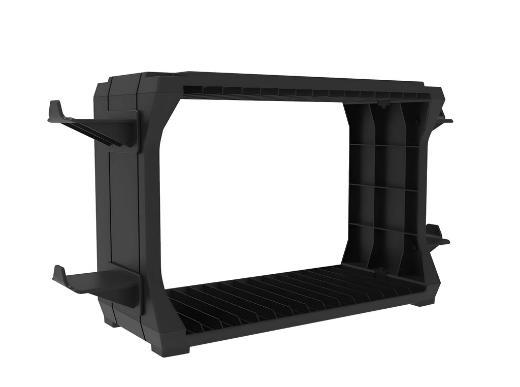 Black PS5 disc holder and console stand with game cartridge compartments and controller charging dock