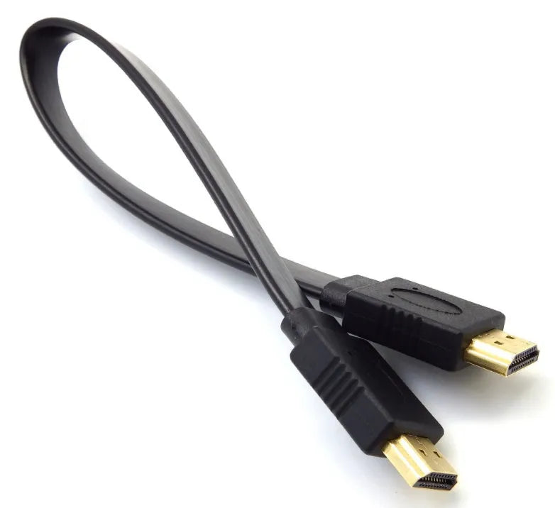 Flat black HDMI cable with HDMI connectors at each end on a white background.