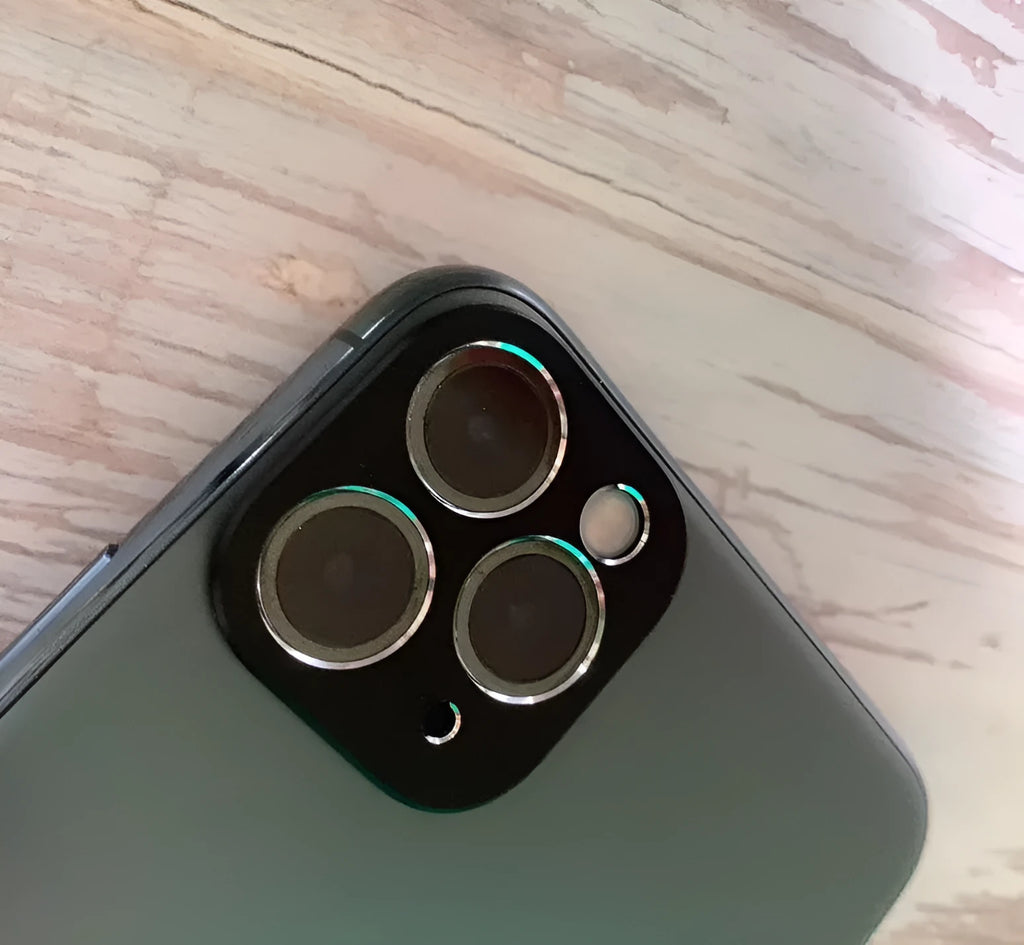 Metal camera lens protection ring for iPhone 11 and iPhone 11 Pro compatible cases in various colours.