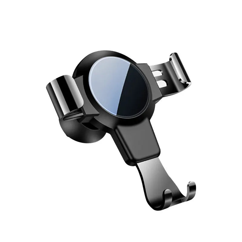 Black S4 gravity mirror car phone bracket mounted on a car air vent, holding a smartphone.