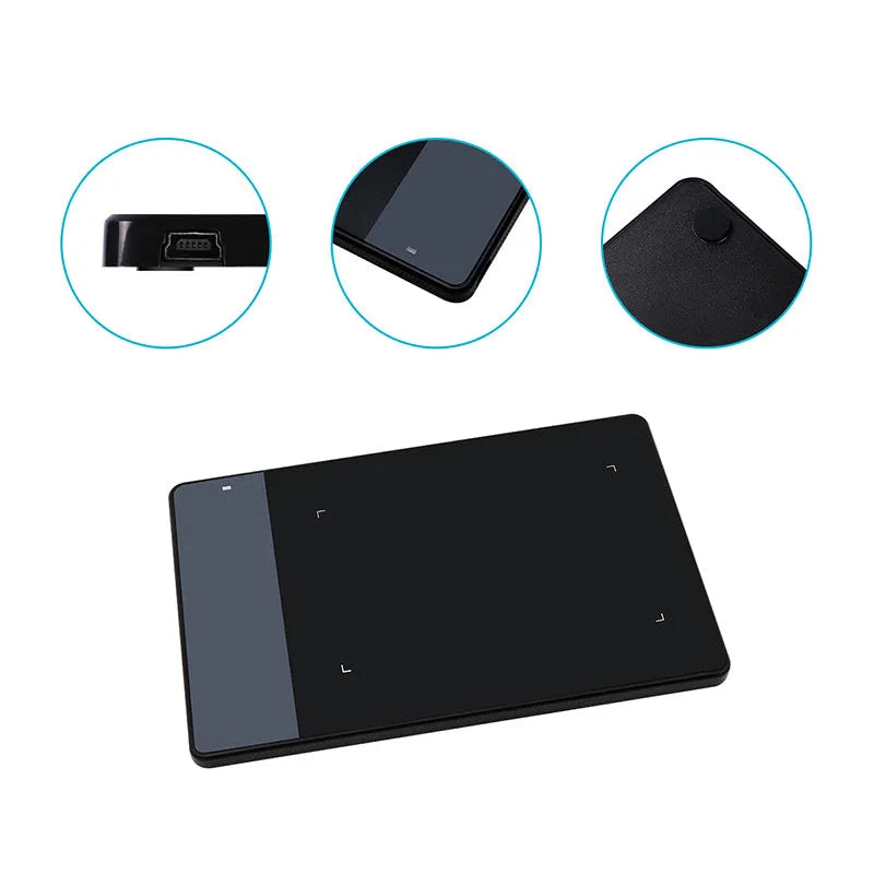 HUION 420 black electronic drawing board with 4x2.23 inch active area, 2048 pressure levels, and USB cable