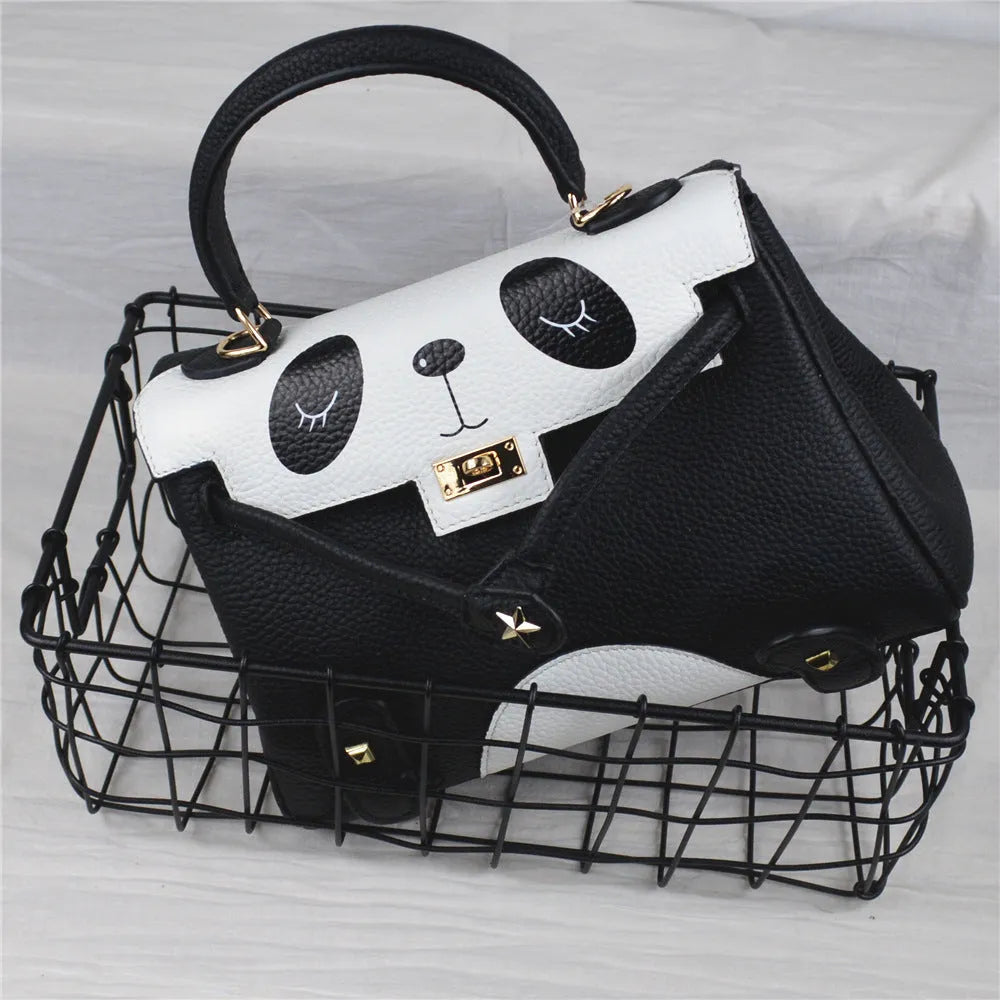 Panda print cow leather handbag in horizontal square shape with two size options