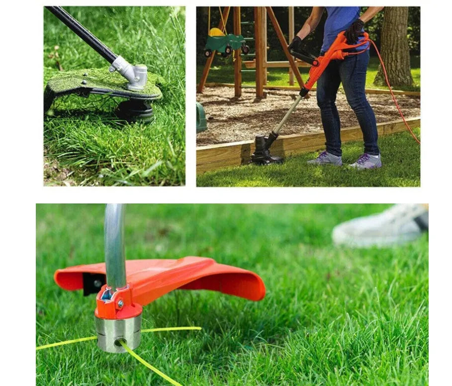 Silver aluminium lawn mower grass head with four light yellow square ropes and installation tools