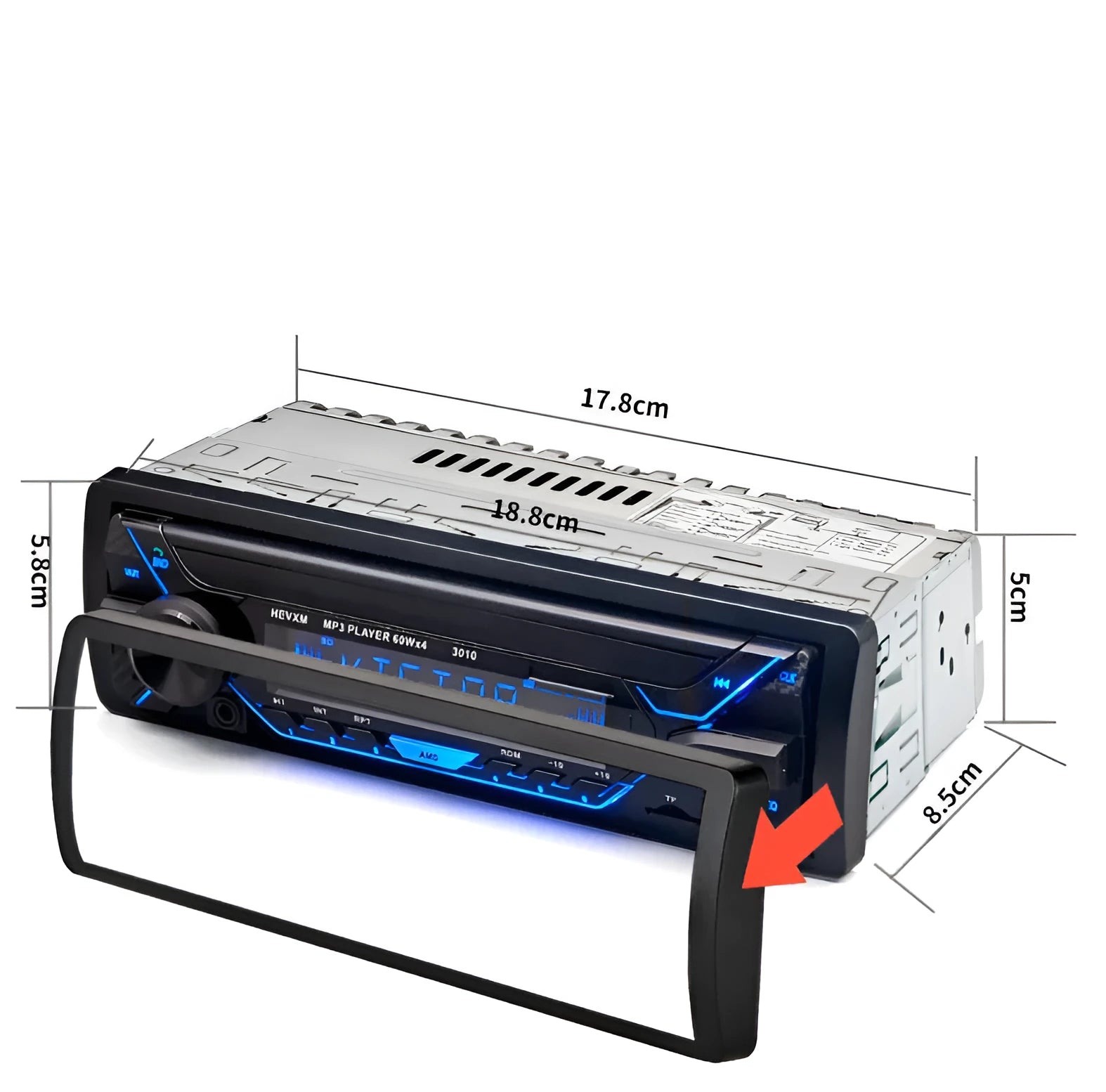 Car radio MP3 player with Bluetooth, LCD display, rotary volume knob, USB and TF card slots.
