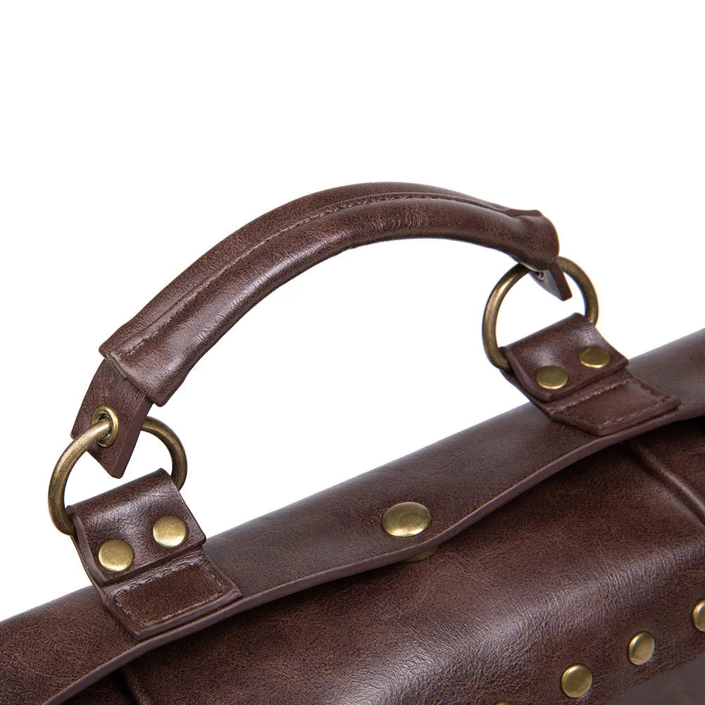 Bronze steampunk shoulder bag with metal detailing and horizontal pillow shape