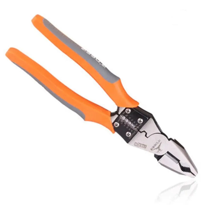 Orange 9-inch multi-function wire cutter pliers with chrome steel head and textured PVC handles.