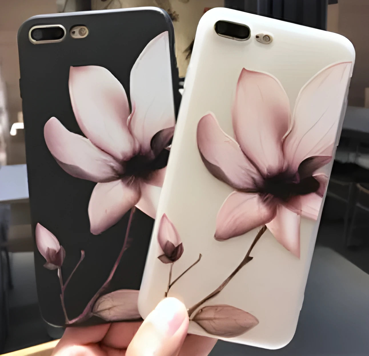 Embossed TPU phone case for iPhone with floral pattern on black back cover