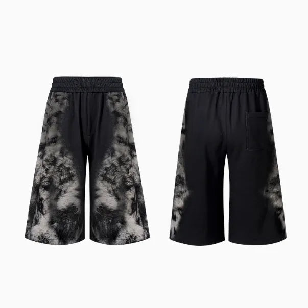 Street trendy printed loose three-piece clothing set showing trousers, hoodie, and seven-inch pants in polyester fabric.