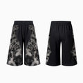 Street trendy printed loose three-piece clothing set showing trousers, hoodie, and seven-inch pants in polyester fabric.