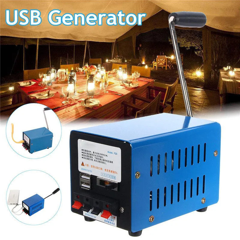 Blue metal hand crank emergency power generator with USB port, shown with user manual.