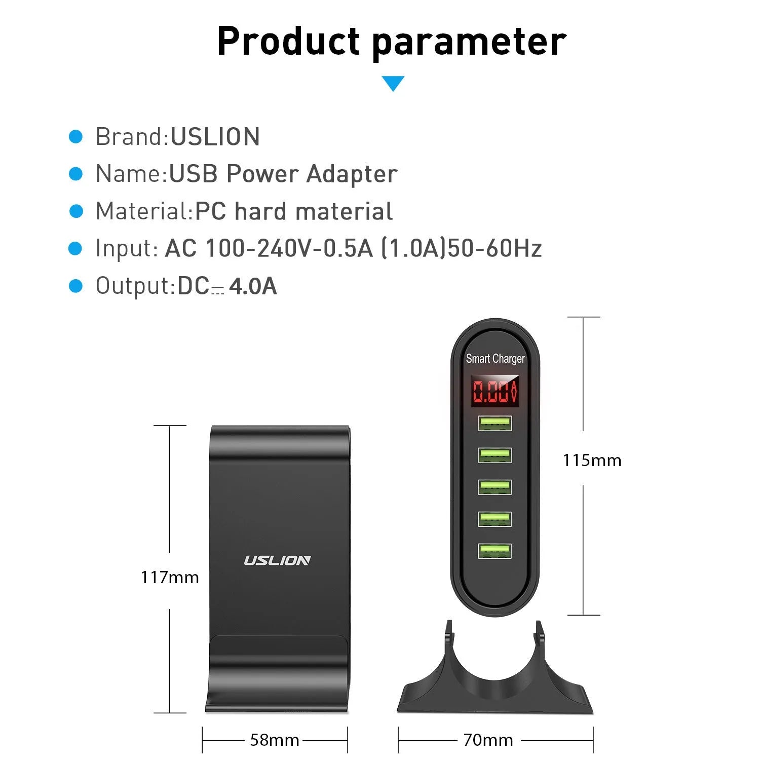 Smart LED digital display charger unit showing USB port and indicator light