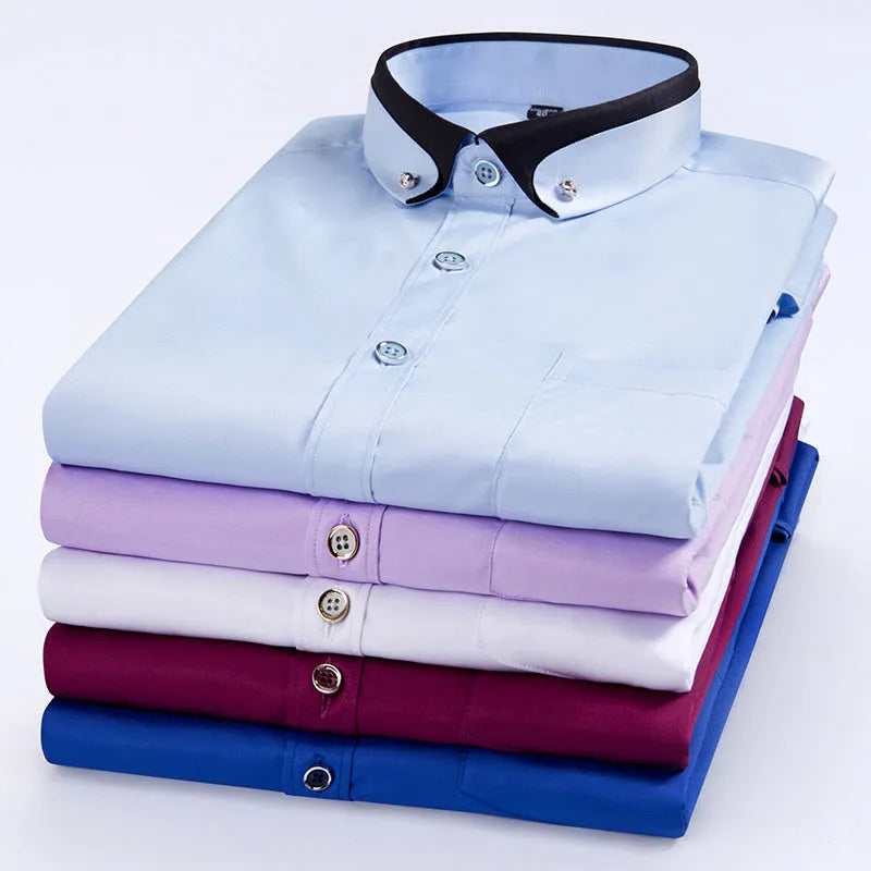 Men's stretch shirt in polyester fibre, available in wine red and multiple colours, sizes 38-44, with detailed fit guide