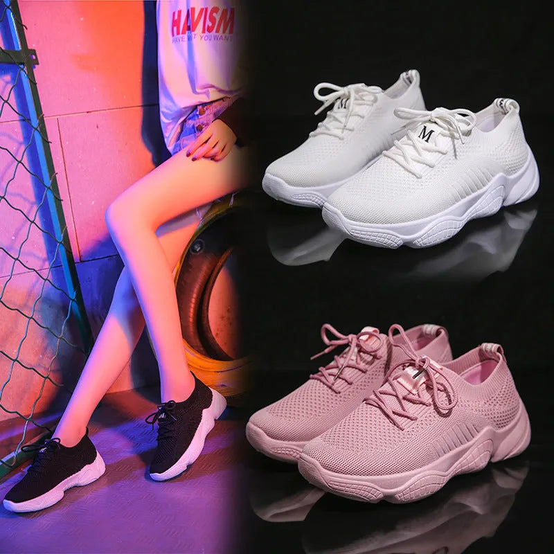 Women's white thick-soled flywoven sports shoes with front strap and round toe