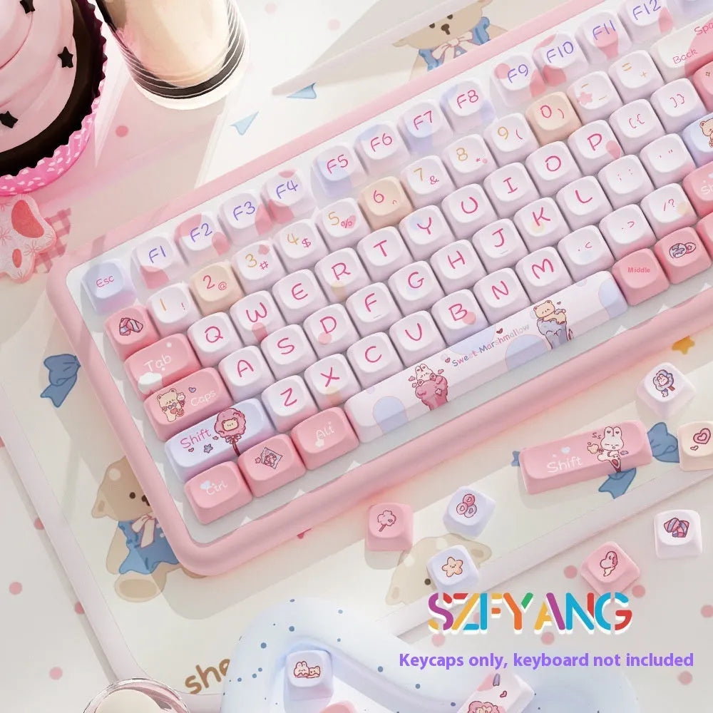 Sweet Cotton Candy pink and white mechanical keyboard keycap set with original character designs