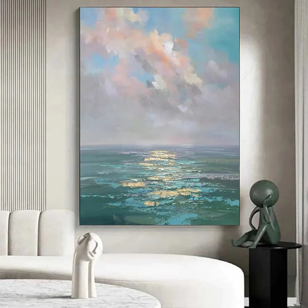 Handmade oil painting canvas wall art, modern abstract ocean landscape, rolled frameless, 40x60cm to 120x180cm