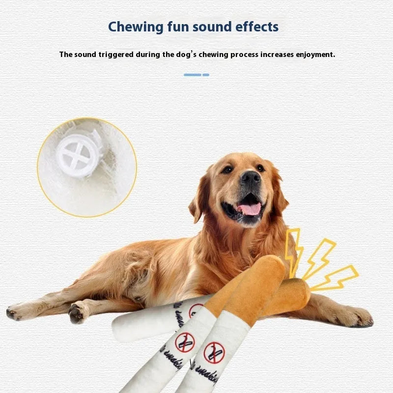 White plush cigarette shaped pet toy with squeaky sounder for cats and dogs