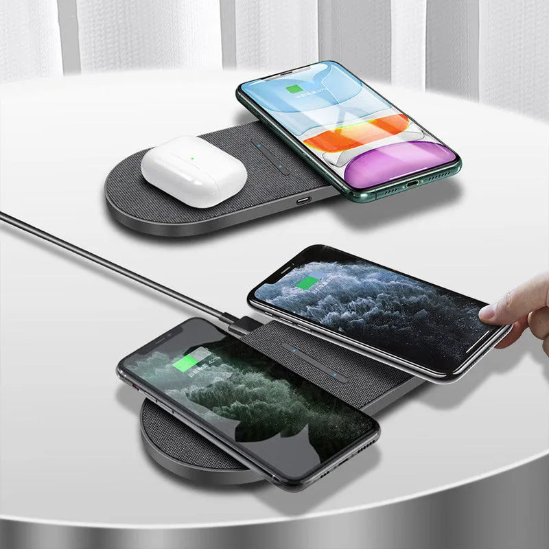 Black dual wireless charging pads with indicator lights showing 10W quick charging capability