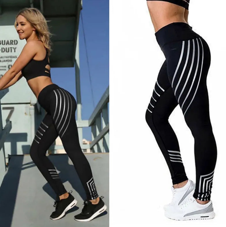 Women's black workout leggings with night-glowing print patterns, high-waisted pencil pants design