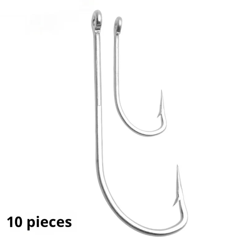 Assortment of stainless steel alloy sea fishing hooks for ocean boat fishing.