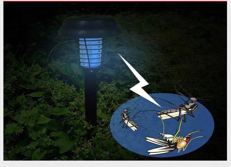 Black solar mosquito lawn lamp with 14cm head and 42cm height on grass