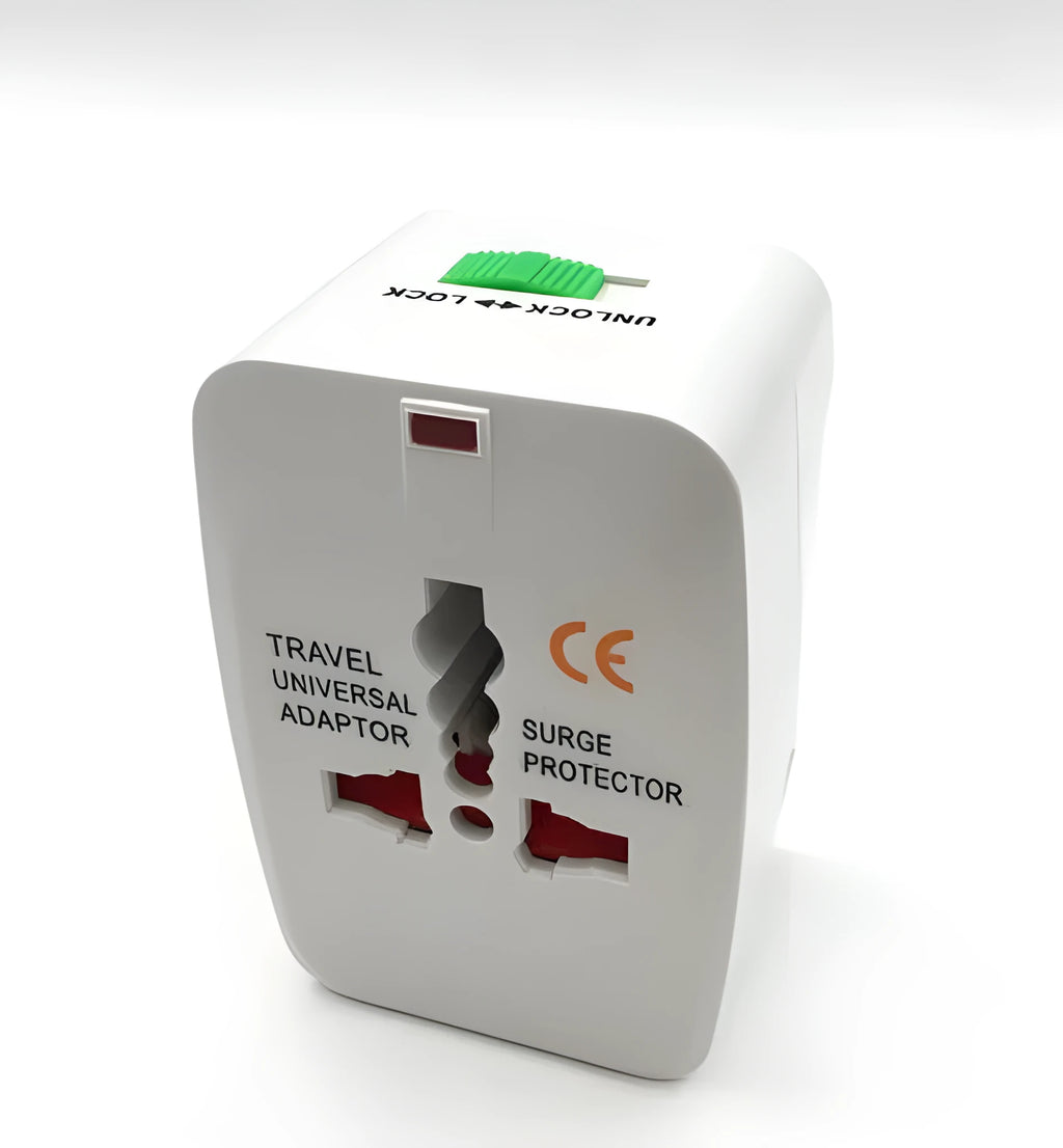 Compact white universal travel plug converter for global charging.