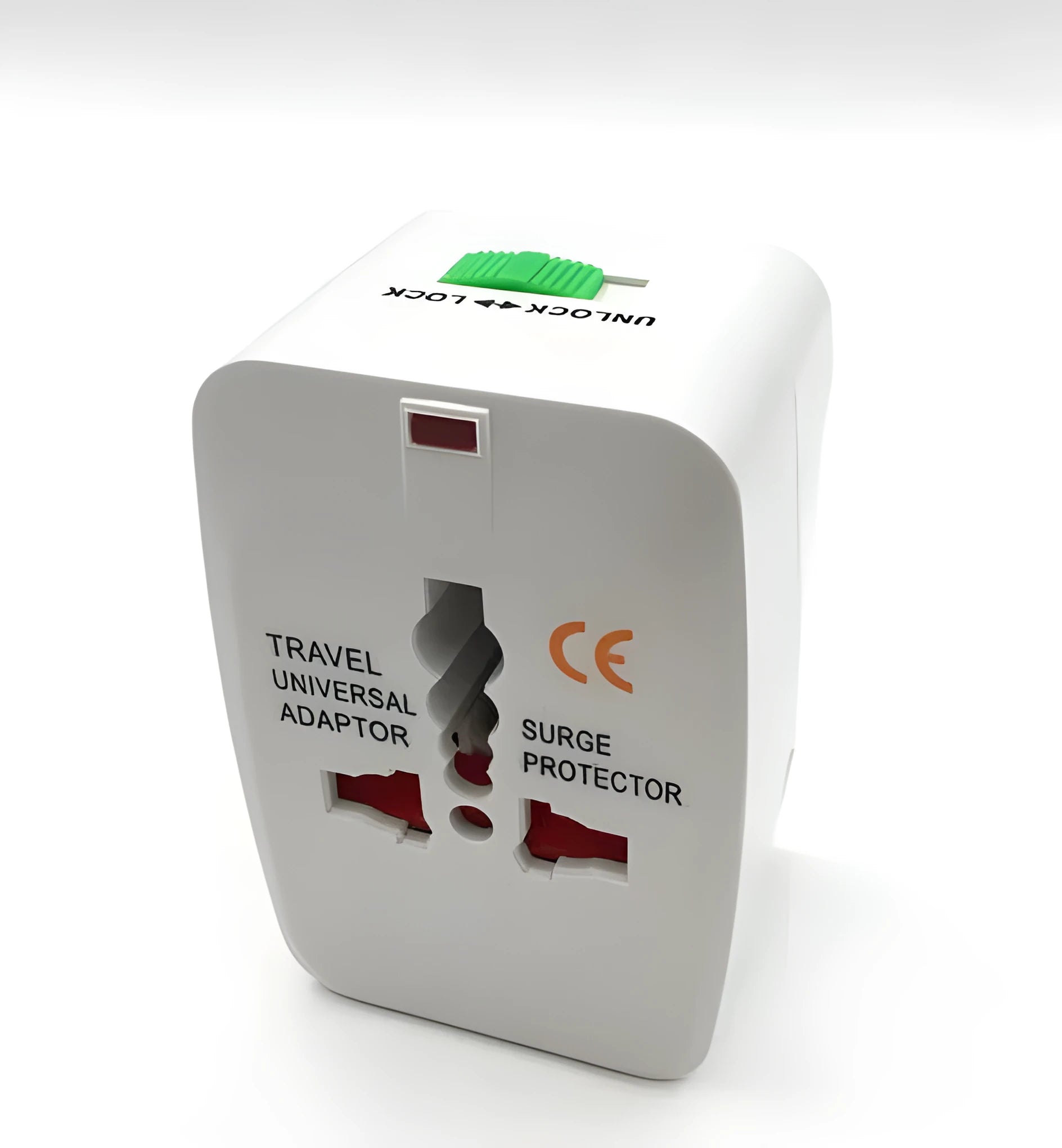 Compact white universal travel plug converter for global charging.