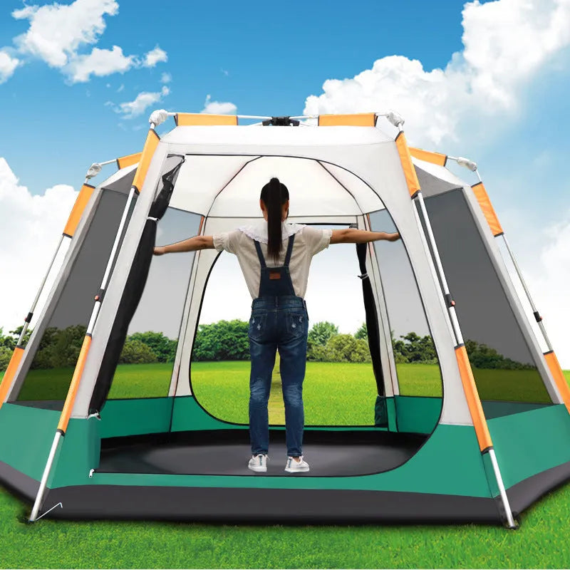 Outdoor fully automatic camping tent in green with all-aluminium frame and snow skirt