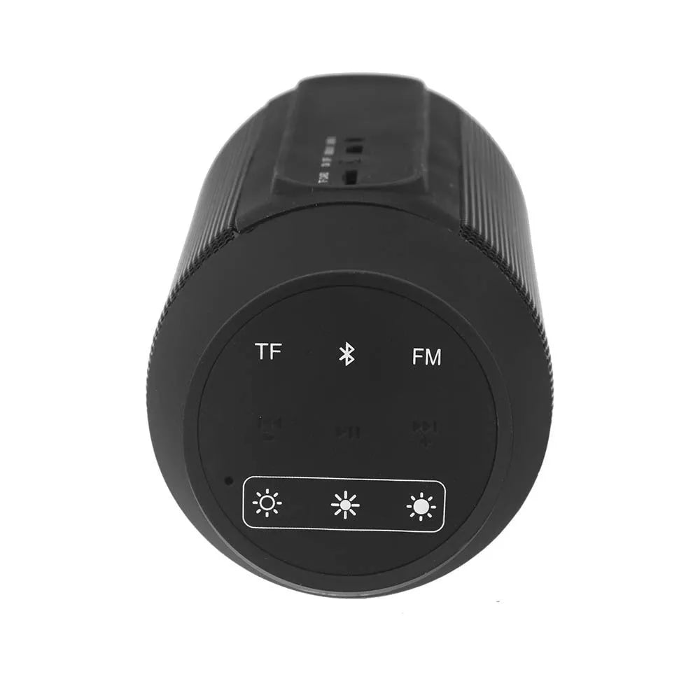 Mini black and white Bluetooth speaker with multicolour LED lights showing 360° sound design