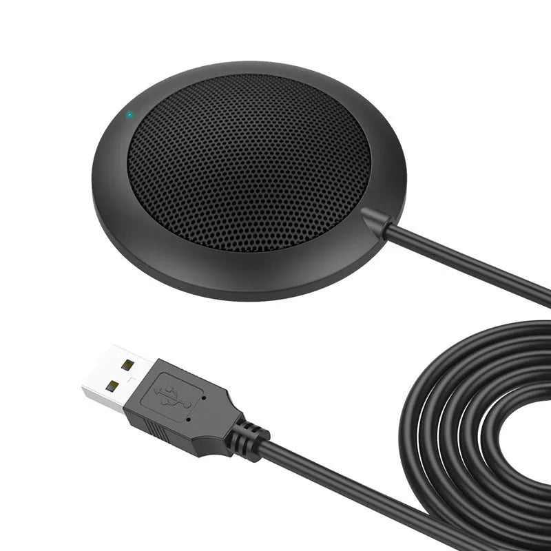 Black 360 degree omnidirectional USB microphone with zinc alloy shell and metal mesh cover on a desk