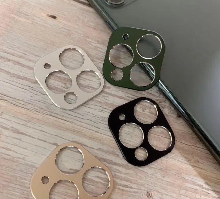 Metal camera lens protection ring for iPhone 11 and iPhone 11 Pro compatible cases in various colours.