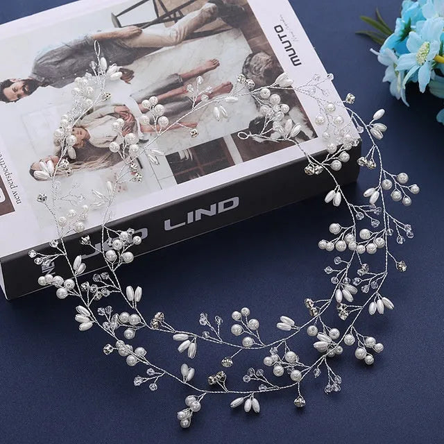 Bride's long hair band with crystal and pearl decoration in silver colour option
