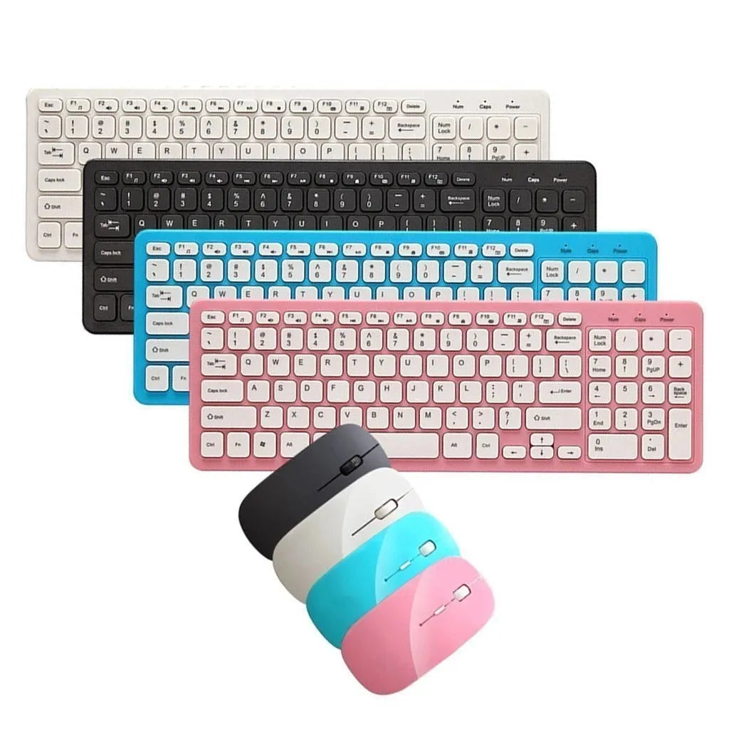 96-key wireless keyboard and mouse set in choice of four colours on a desk.