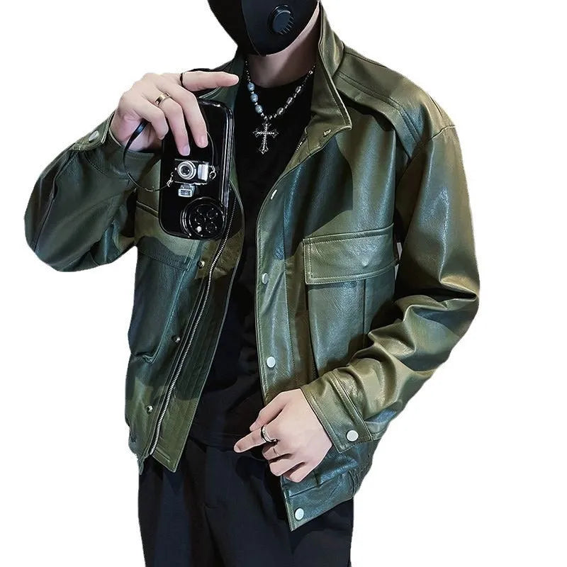 Men's black Korean style pilot leather jacket with straight hem and side pockets