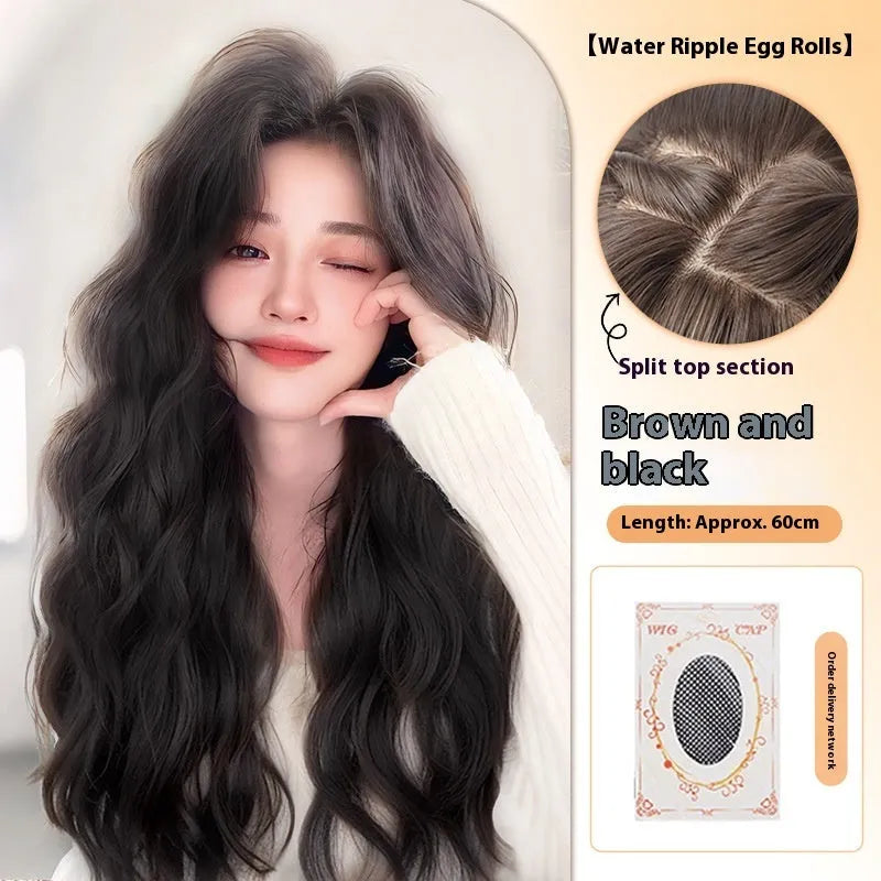 Female full-head wig with natural long curly hair and side bangs in Brown Black high temperature fibre style