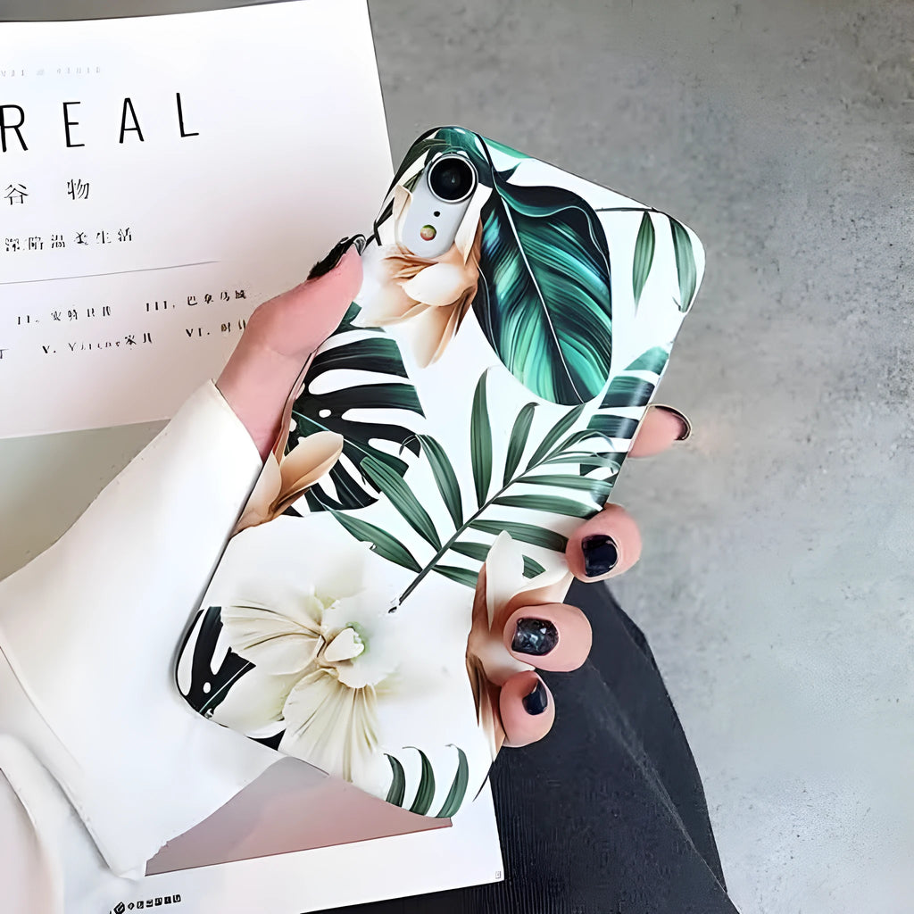 Retro soft floral TPU phone case with flower and banana leaf art for iPhone XR and XS Max