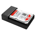 Black plastic external hard drive enclosure for 2.5 and 3.5 inch SATA drives with included data cable