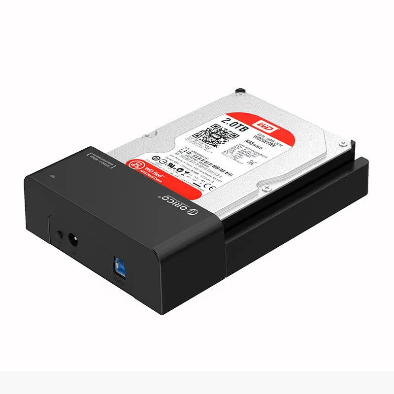 Black plastic external hard drive enclosure for 2.5 and 3.5 inch SATA drives with included data cable