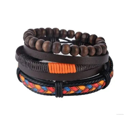 Hand-woven multilayer leather bracelet with wooden beads on adjustable 6cm diameter band