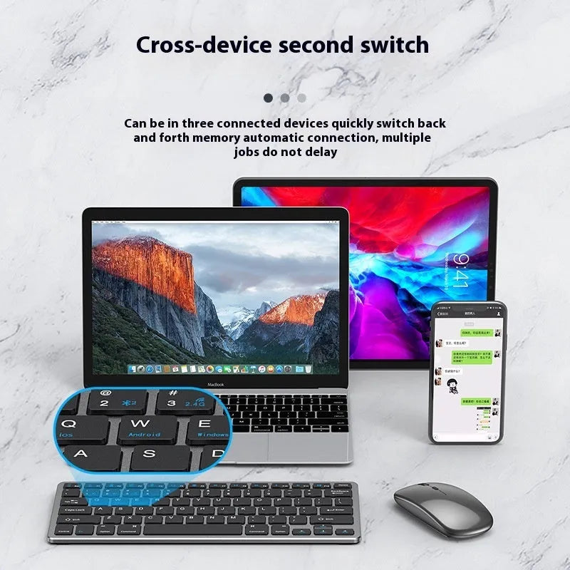 Ultra-thin wireless keyboard and mouse set in silver colour with USB receiver and protective cover.