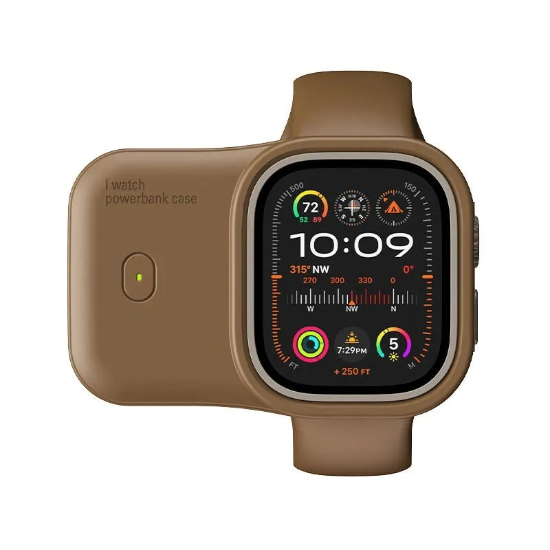 Apple Watch portable wireless charging case with silicone cover, shown next to 44mm watch