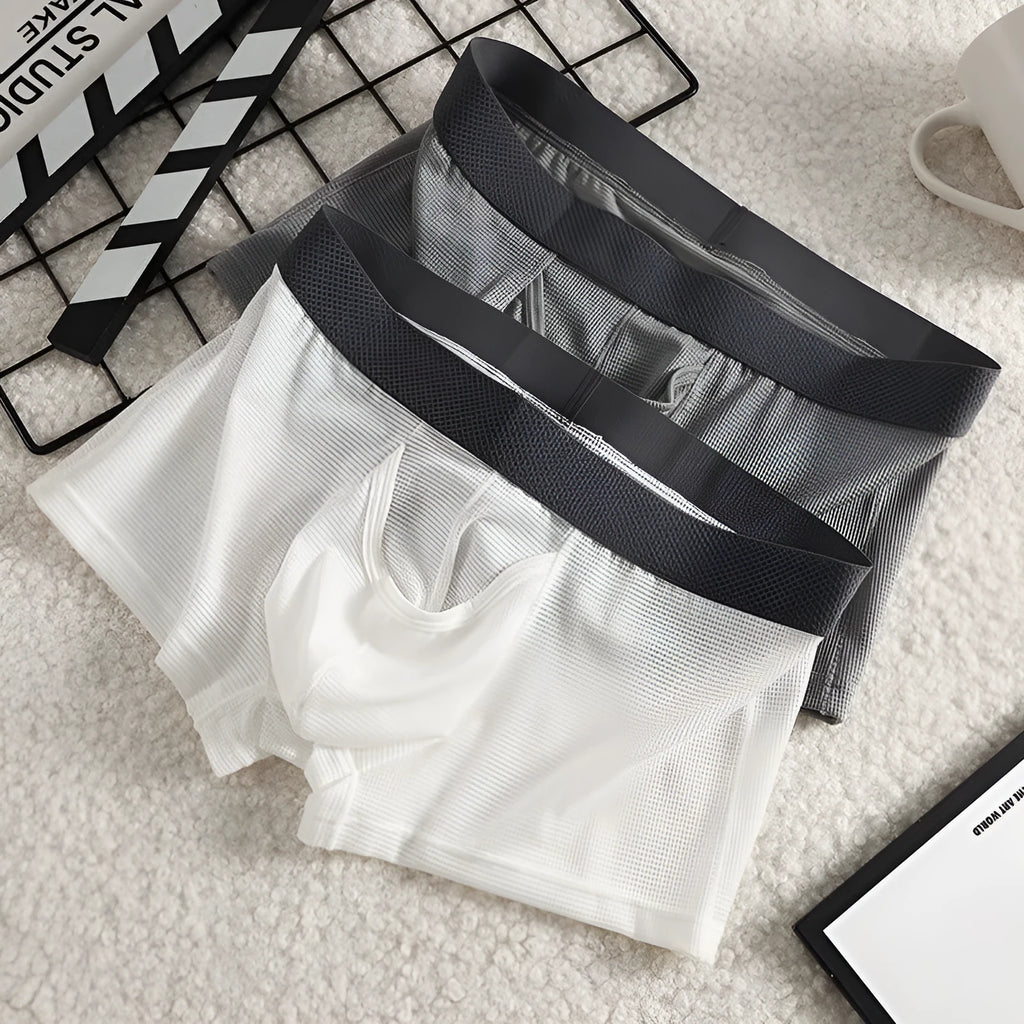 Men's Ice Silk mesh breathable boxer shorts in black, low waist nylon knit underwear