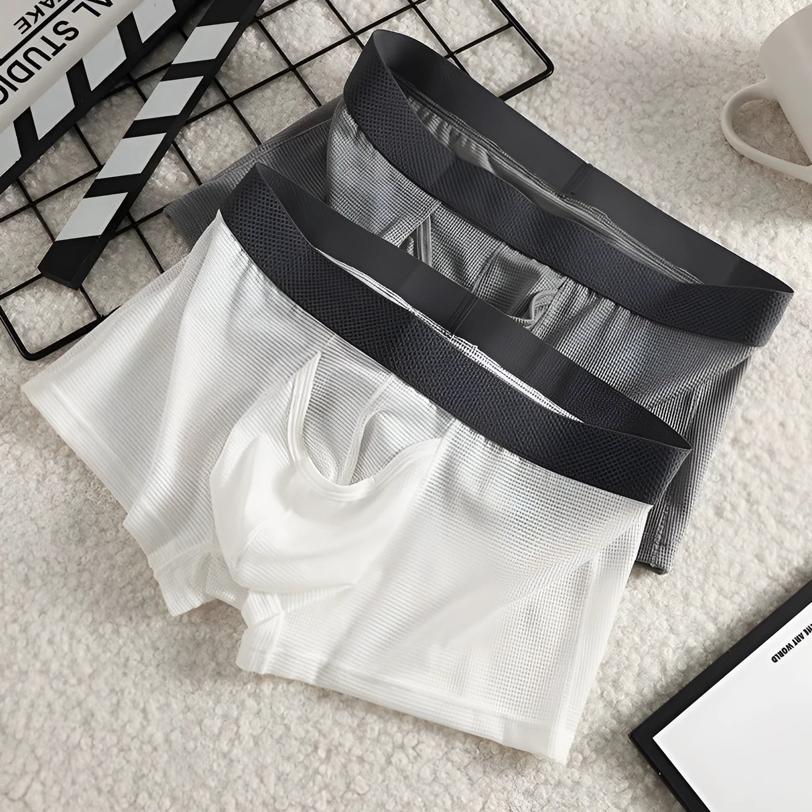 Men's Ice Silk mesh breathable boxer shorts in black, low waist nylon knit underwear