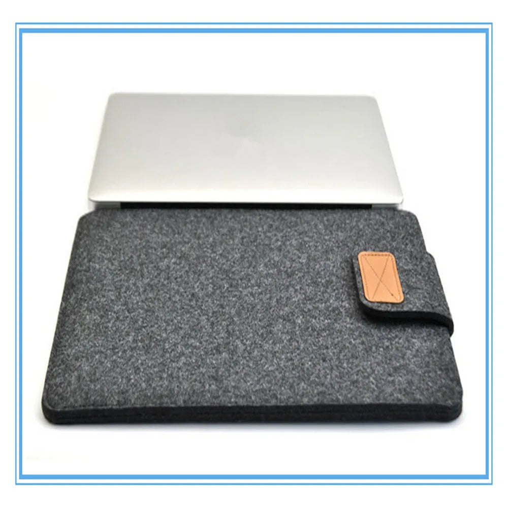 Felt laptop bag in khaki colour showing clamshell design with woven texture exterior