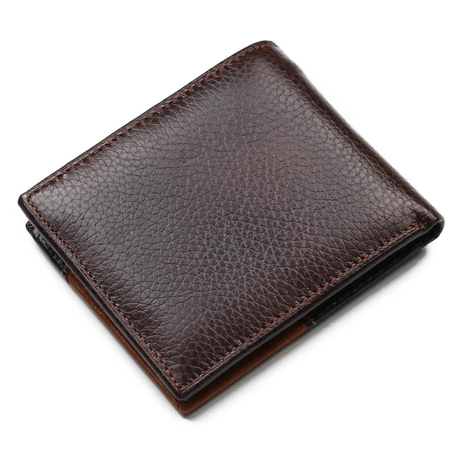 Men's brown leather wallet with contrast stitching, open to show card slots, bill compartment, and a zippered section.