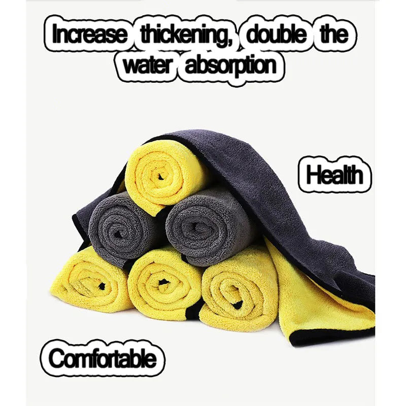 Yellow microfibre absorbent towel with strong water absorption, double-sided, available in four sizes for pet drying and cleaning